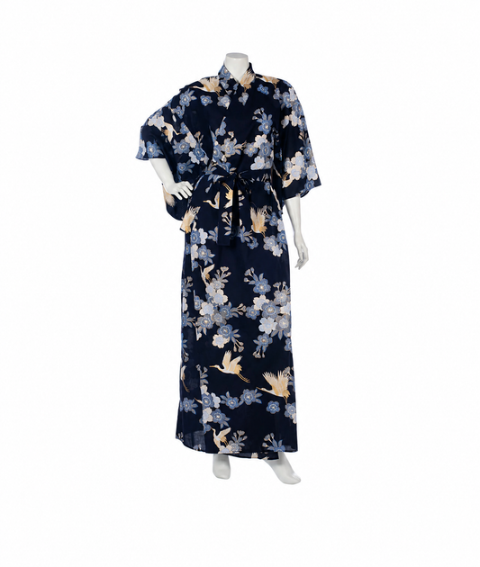 Long Navy Crane Floral Japanese Kimono made in Kyoto, Japan from soft cotton with elegant white and gold crane and cherry blossom design.