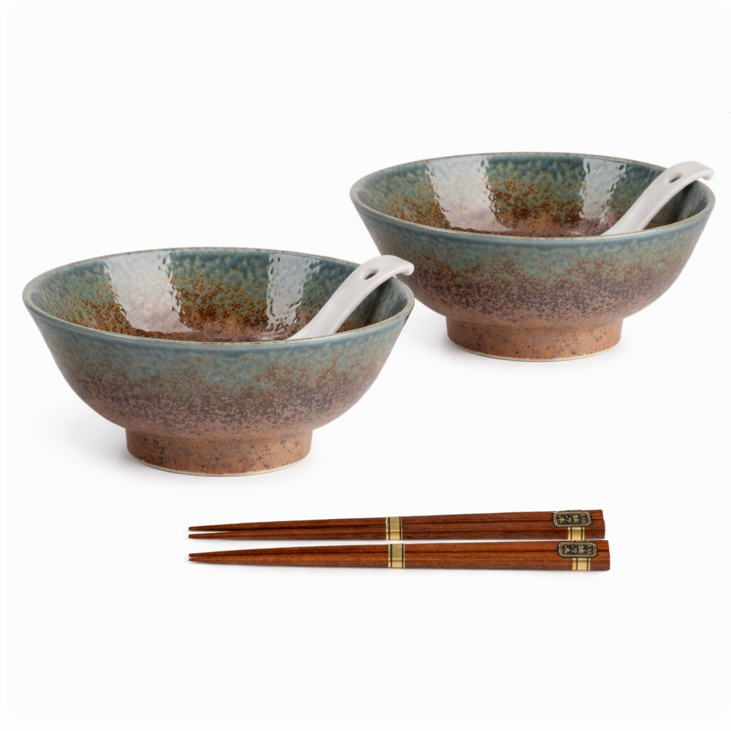 Aki ceramic Japanese ramen bowl set made in Japan with chopsticks and spoon
