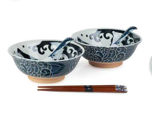 New 6pce Whale Indigo Blue Japanese Ramen Bowl Set