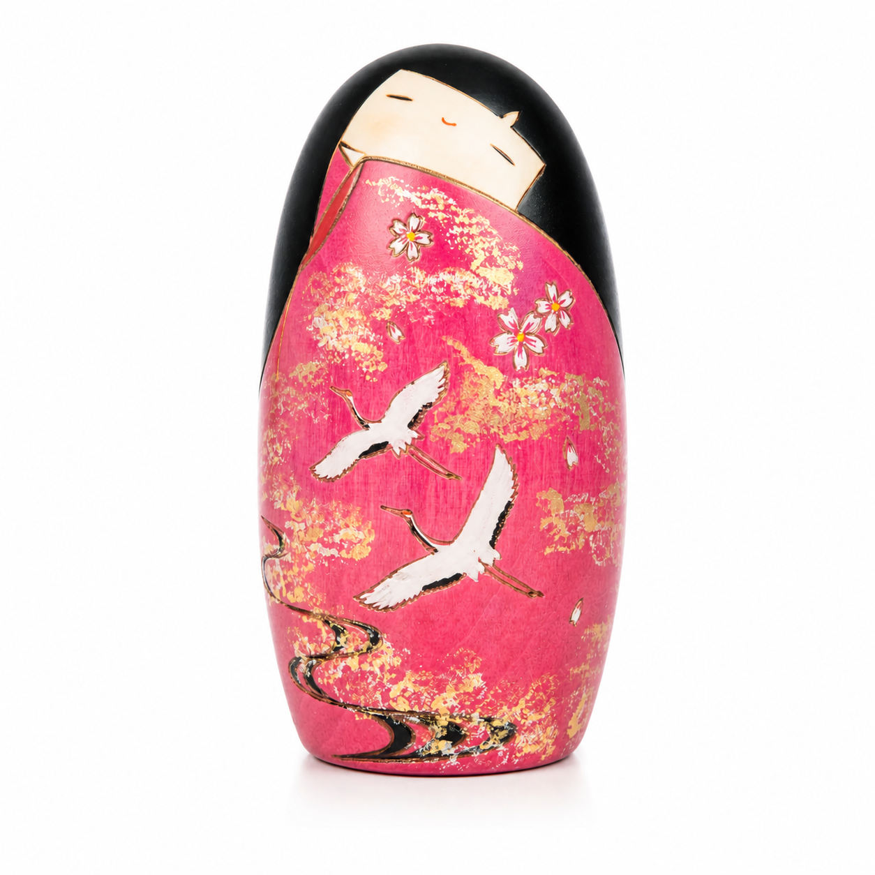 Handmade Japanese Kokeshi doll with deep pink kimono, cherry blossom design and symbolic cranes, crafted in Japan.