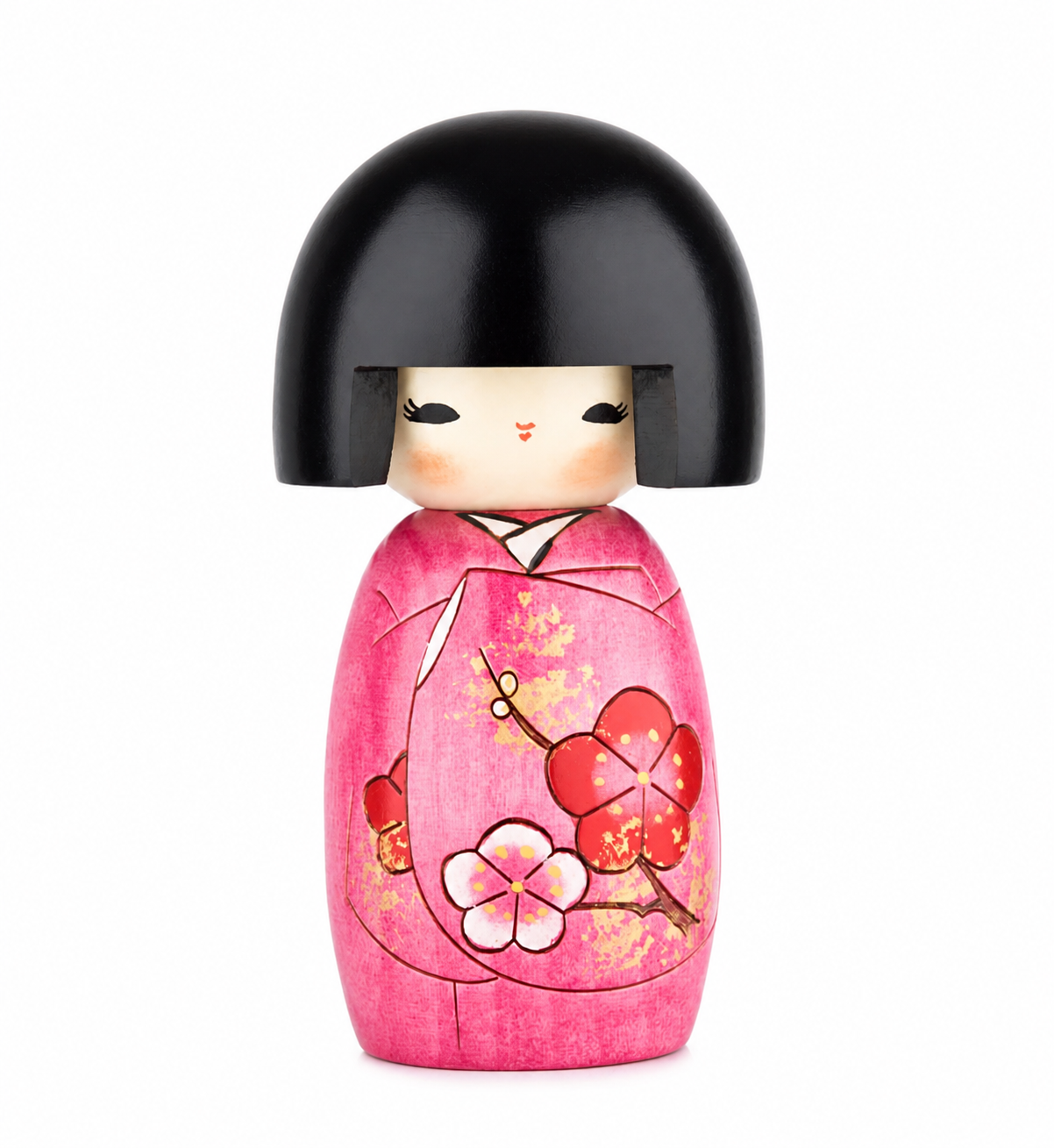 Handmade Japanese Kokeshi doll with pink floral kimono wooden decor made in Japan