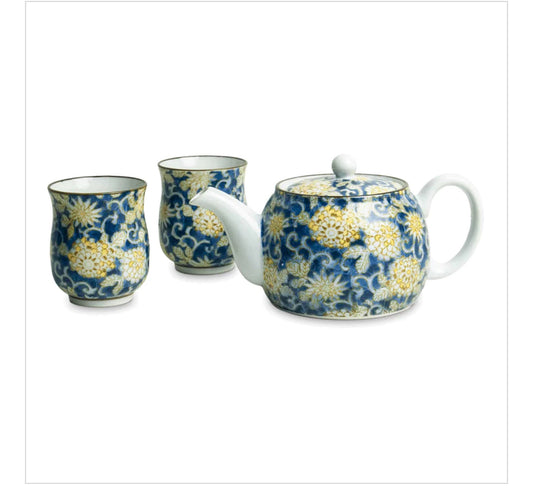 Blue Floral Japanese Tea Pot and Cups Set.