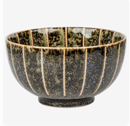 Green Tokusa Japanese ceramic soup bowl with striped design handmade in Japan