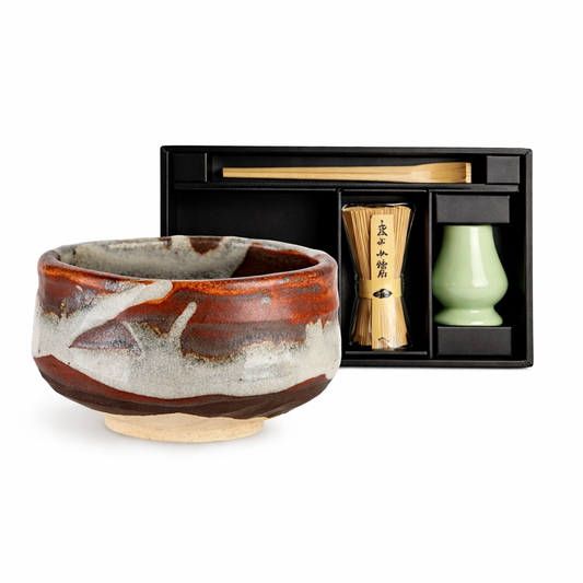 Zansetsu Handmade large matcha bowl set made in Japan rust red and ash grey ceramic chawan with bamboo whisk scoop and holder in gift box