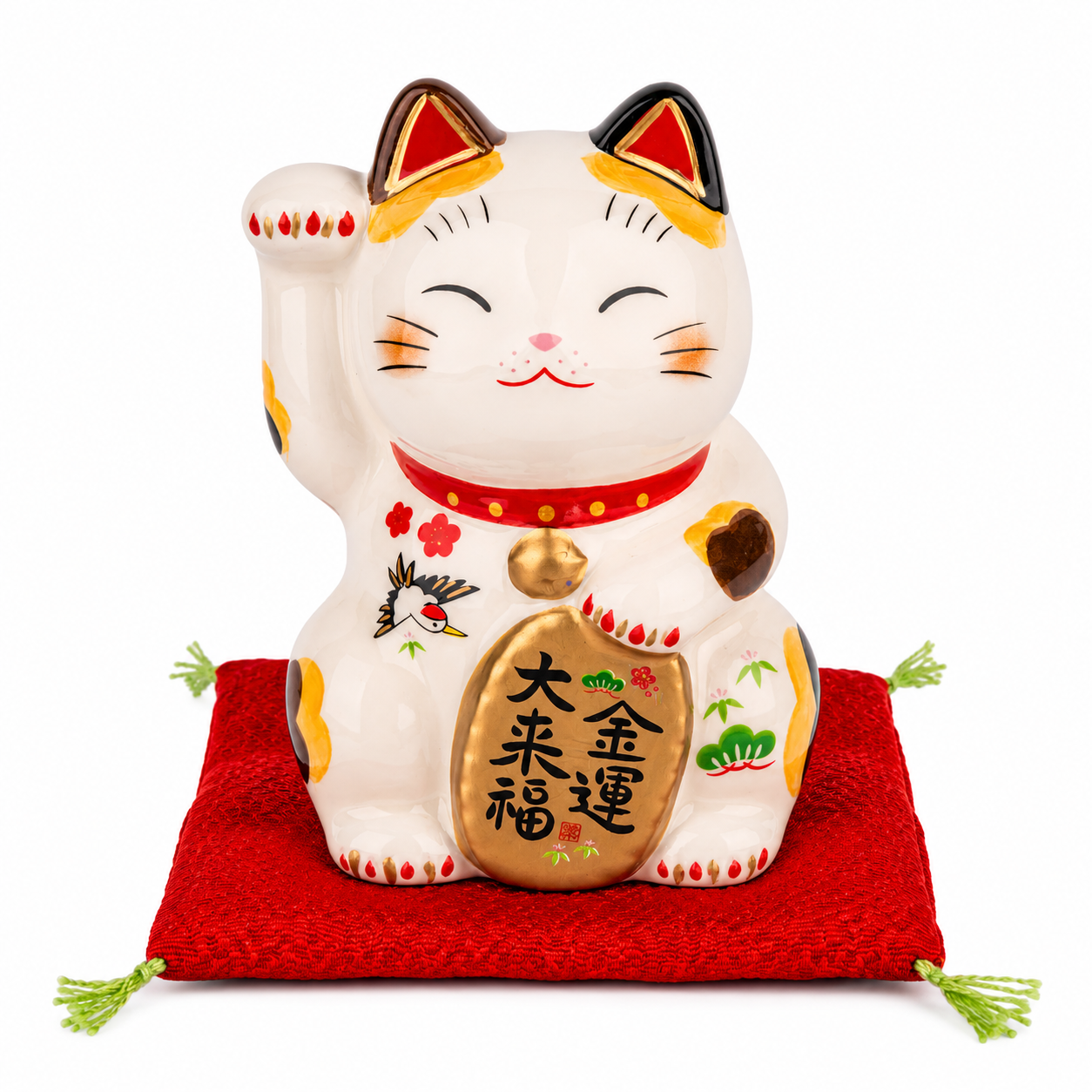 Authentic handmade Japanese lucky cat ornament crafted in Japan with traditional calico Maneki Neko design, Creamic finsin, glodcoin, and red cushion