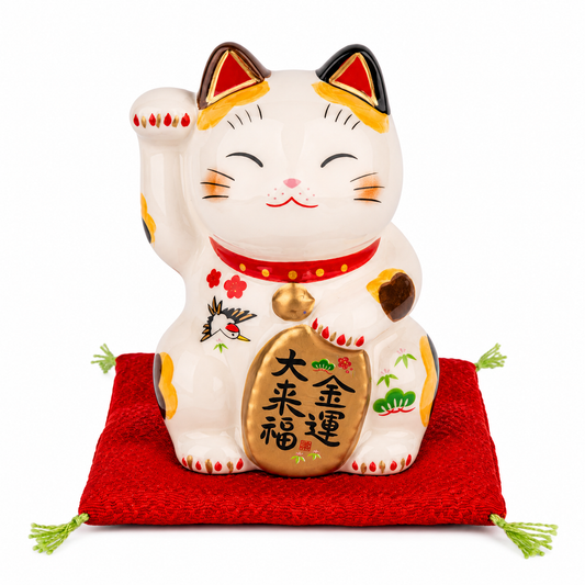 Authentic handmade Japanese lucky cat ornament crafted in Japan with traditional calico Maneki Neko design, Creamic finsin, glodcoin, and red cushion