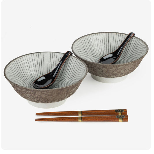 Shima Japanese ramen bowl set made in Japan with rustic brown porcelain bowls, black soup spoon, and wooden chopsticks