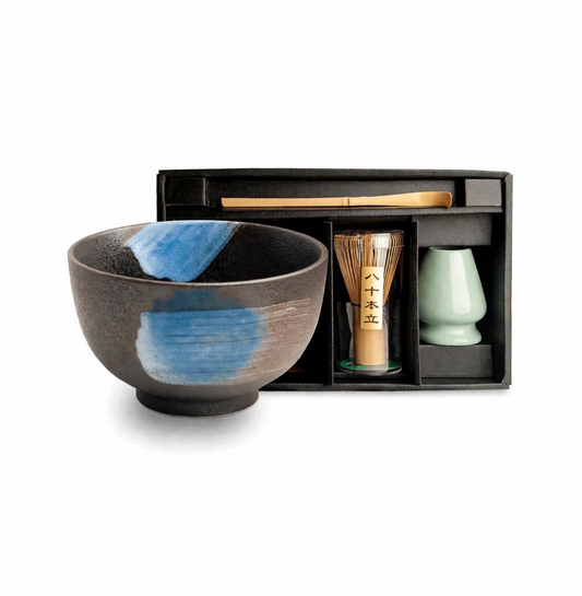 Authentic handmade japanese matcha set with ceramic bowl ,bamboo whisk, scoop and green holder in gift box. Made in Japan
