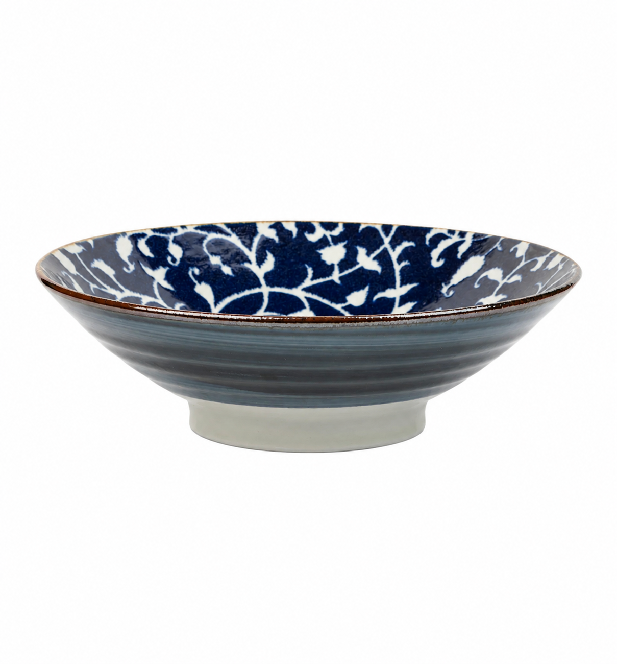 Authentic Indigo Blue and White Floral Japanese serving bowl handmade in Japan, perfect for salads, noodles, fruit and entertaining.