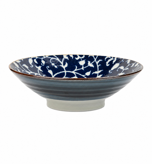 Authentic Indigo Blue and White Floral Japanese serving bowl handmade in Japan, perfect for salads, noodles, fruit and entertaining.