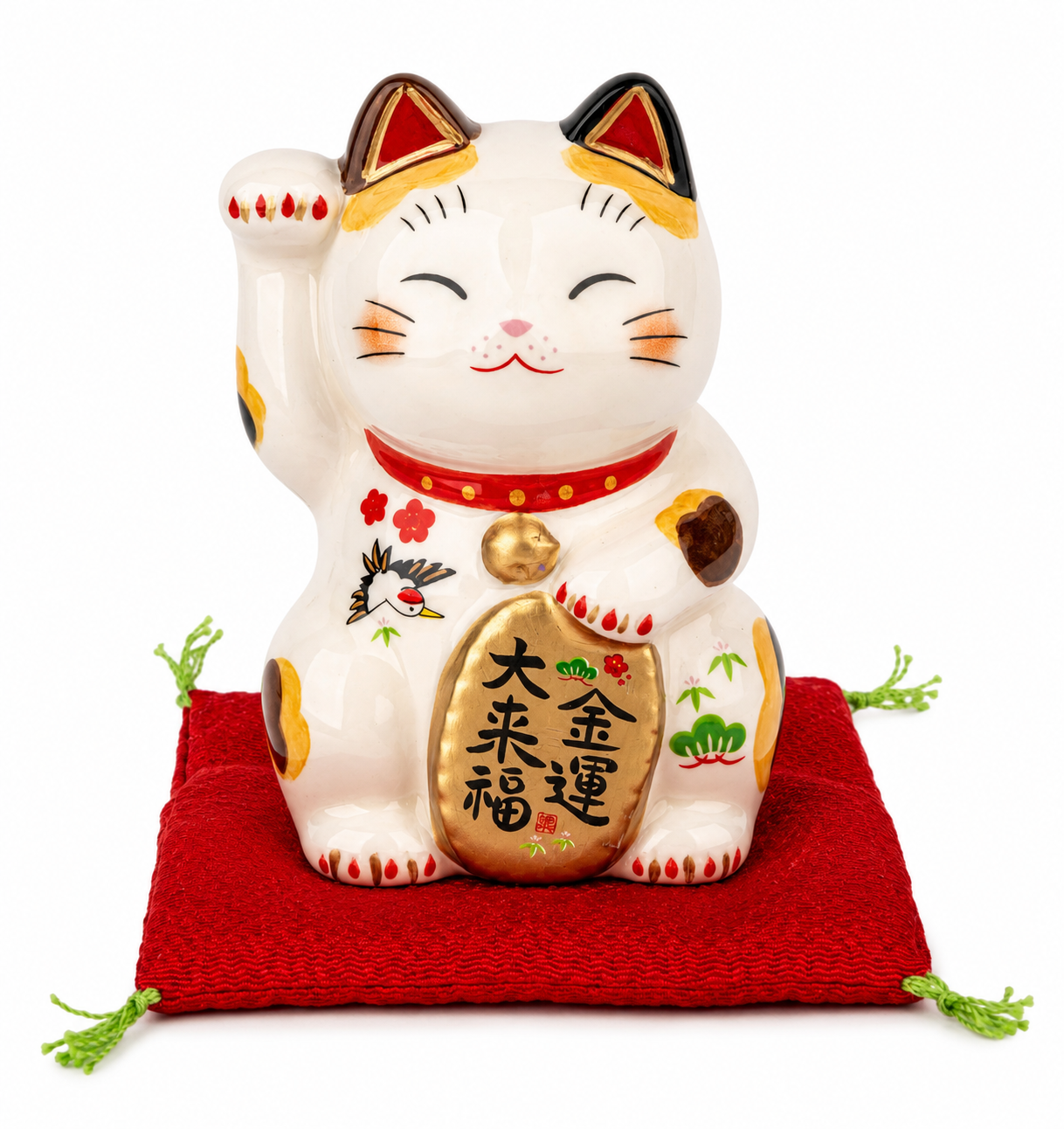 Calico Good Fortune Japanese Maneki Neko lucky cat with gold coin and red cushion, made in Japan.