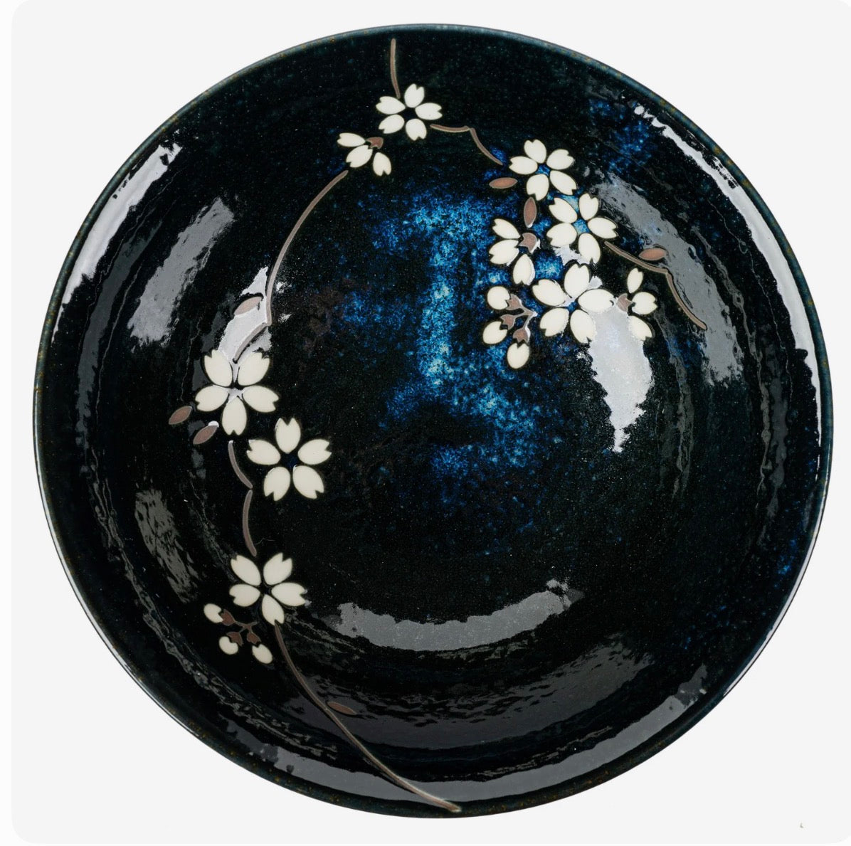 Authentic Japanese Porcelain ramen bowl with navy glaze and sakura pattern made in Japan