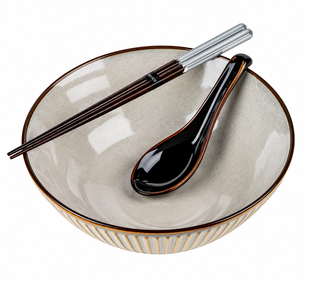 Light Grey Sendan porcelain ramen bowl with brown rim, black soup spoon and chopsticks, made in Japan.