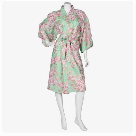 Jade green cherry blossom japanese kimono robe handmade from cotton, elegant lightweight loungewear. Made in Japan