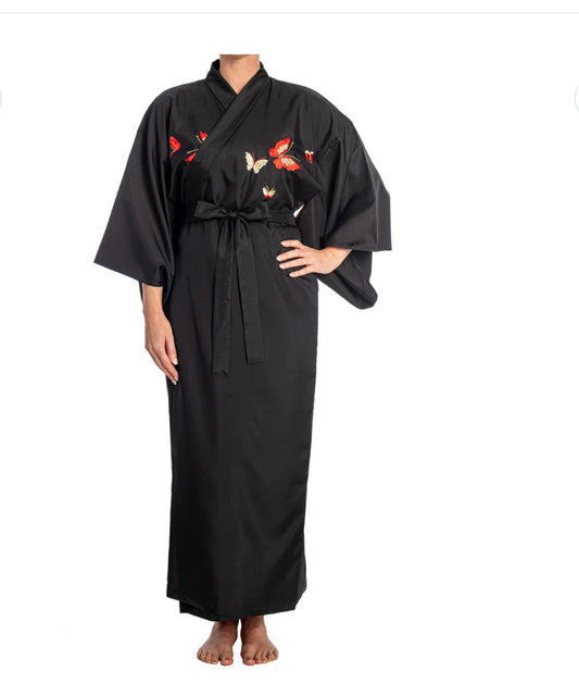 Black Butterfly Polyester Japanese Kimono.