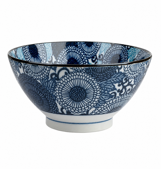 Blue Chrysanthemum Japanese ramen noodle bowl made in Japan with elegant blue floral detailing, ideal for ramen, noodles, and soup.