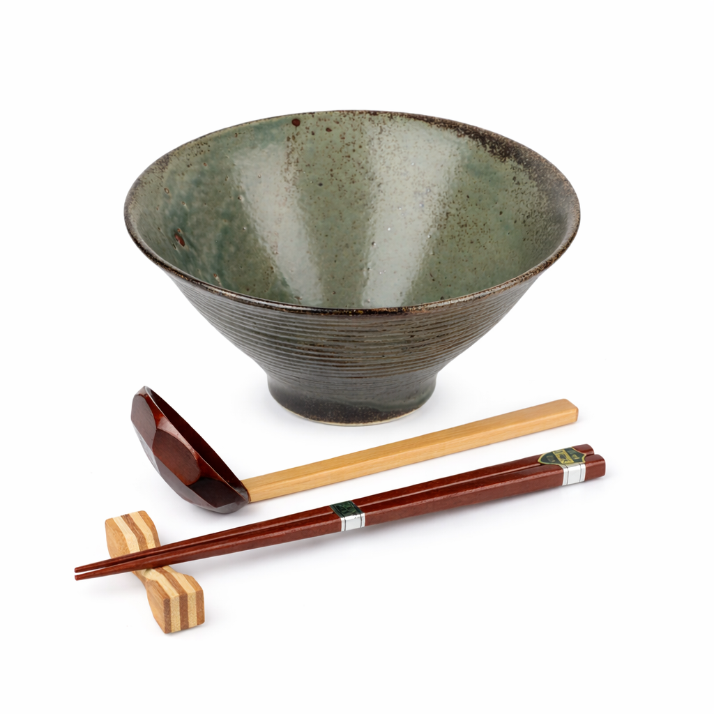Japanese Ramen Bowl set  – Wabi Sabi Green Ceramic Noodle Bowl (Made in Japan)