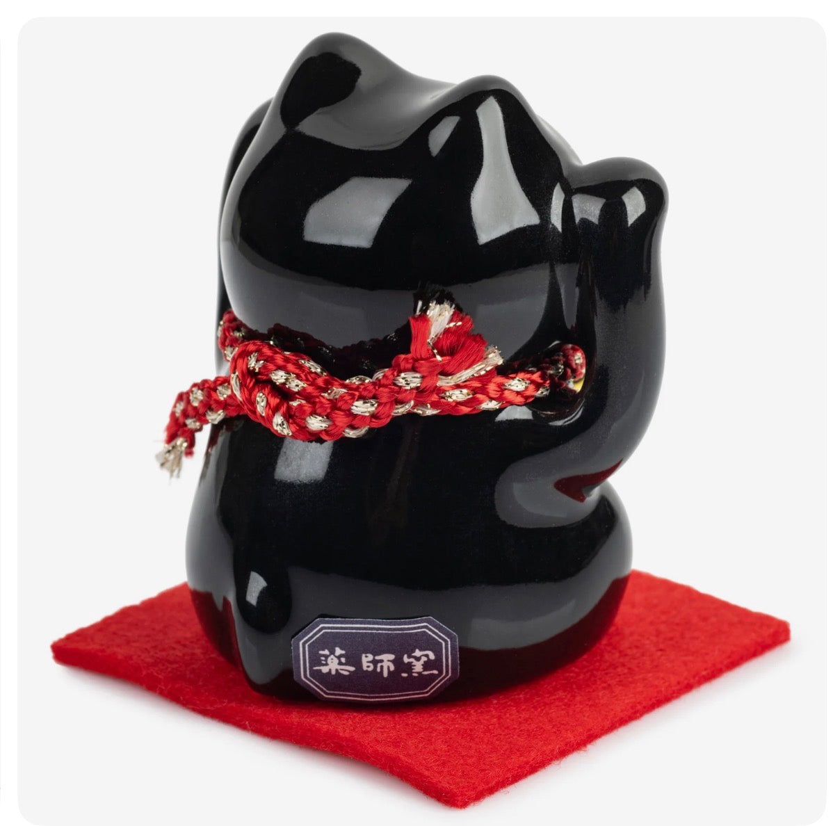 Black Good Health Japanese Lucky Cat and Red Cushion