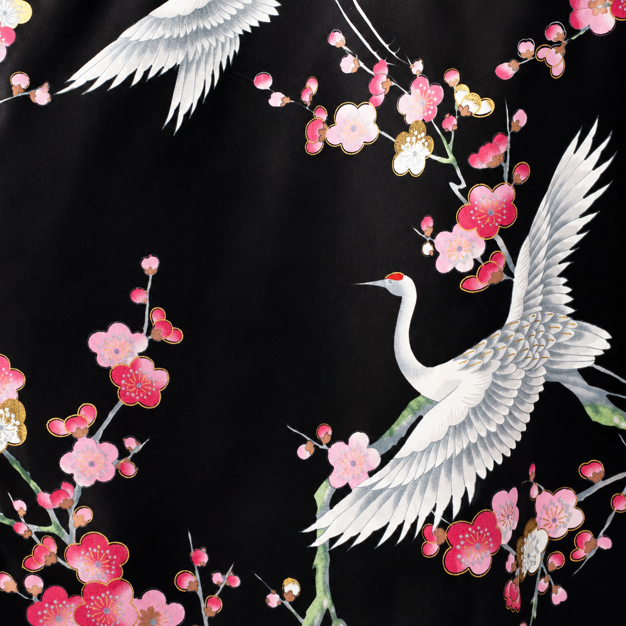 Black Crane and Pink Blossom Long Japanese Silk Kimono | Made in Japan
