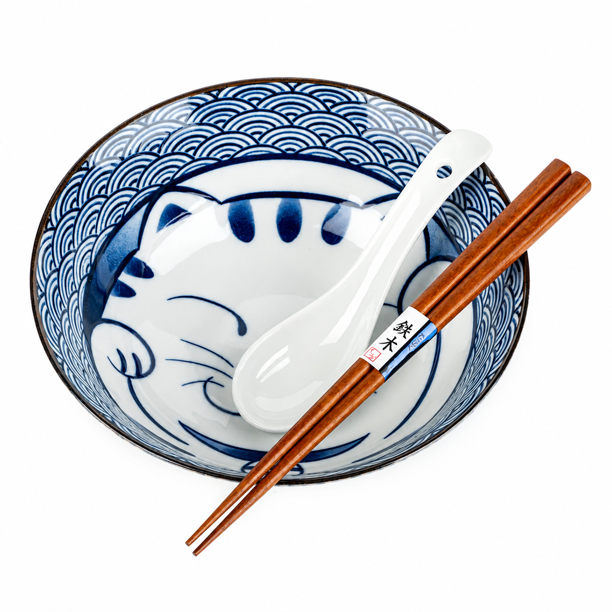 Lucky Cat Japanese ramen noodle bowls gift set made in Japan with blue and white Seikaiha wave design, ceramic bowls, spoons, and wooden chopsticks