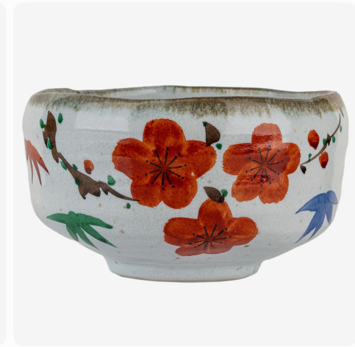 Handpainted Japanese matcha tea bowl chawan with floral Sazanka design ceramic made in Japan