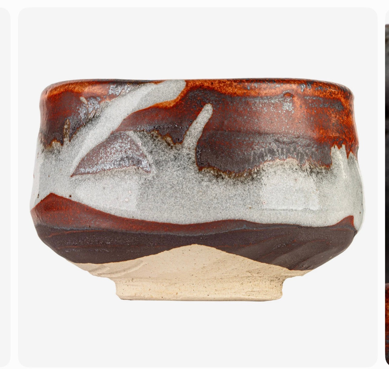 Authentic Japanese Zansetsu ceramic matcha tea bowl chawan with layered red and white glaze handmade
