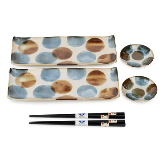 Dot Brush Blue Japanese Sushi Plate Gift Set