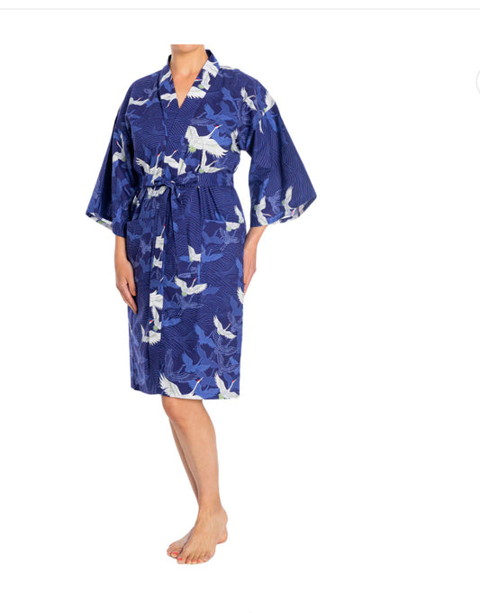 Navy Blue Crane Short Japanese Cotton Kimono