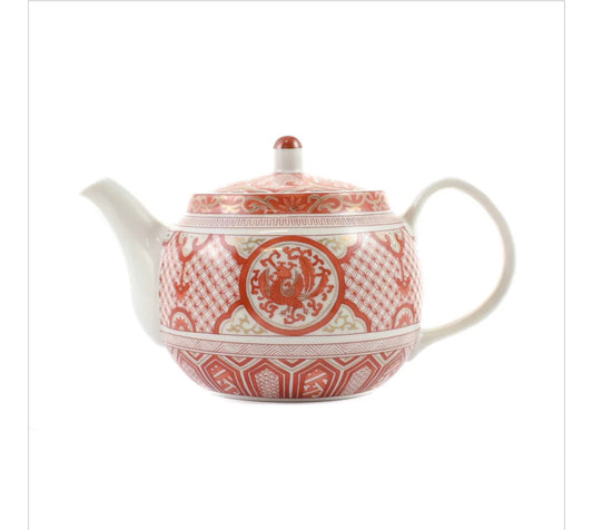 Seikou Porcelain Red Motif Japanese Teapot
