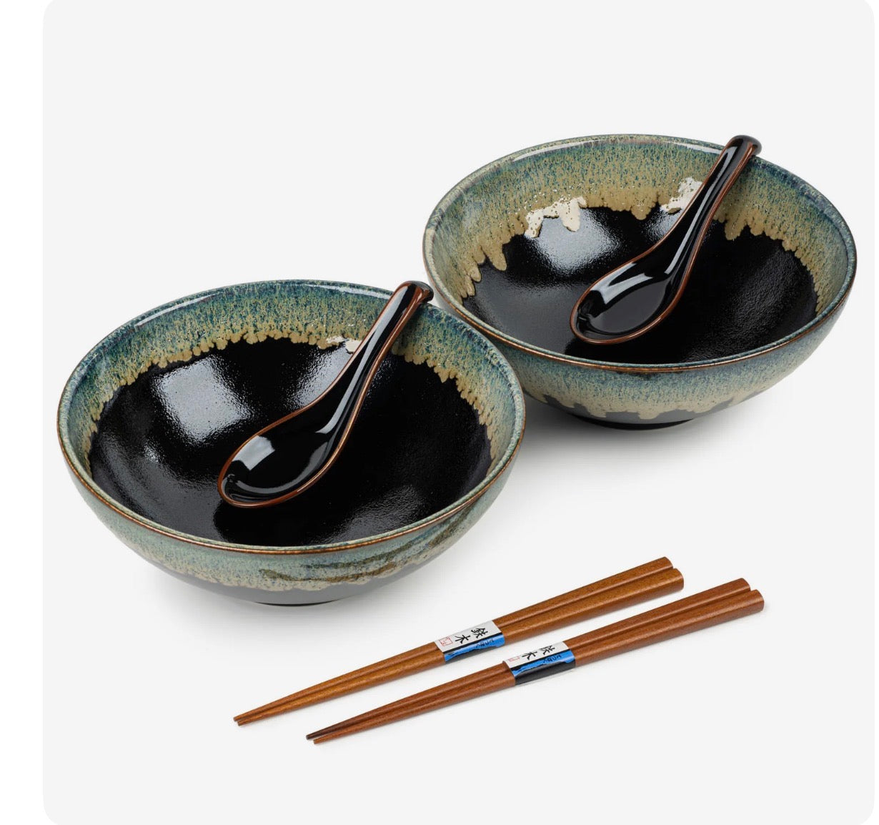 Japanese Ramen Bowl Set – Okinawa Porcelain Bowls with Chopsticks & Spoon (Made in Japan)