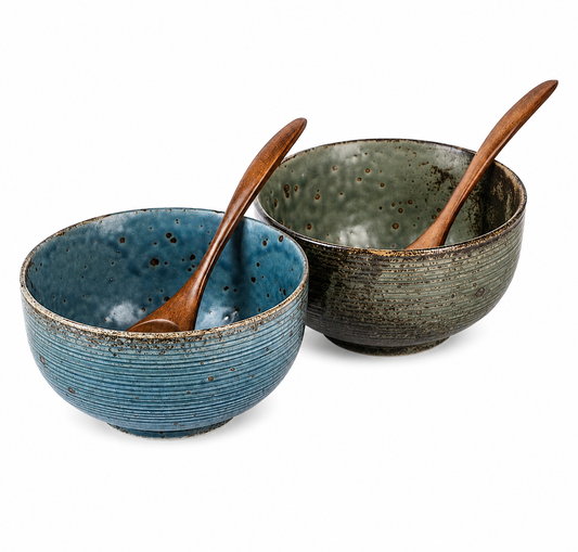 Authentic wabi sabi premium small Japanese bowl set made in Japan with rustic ceramic bowls and wooden spoons by Tokyo Gallery