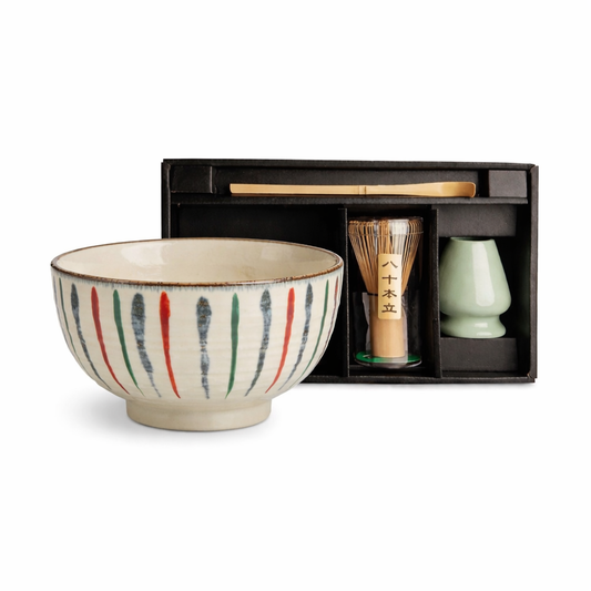 Gosu Tokusa hand made matcha bol set made in Japan with striped ceramic bowl bamboo whisk scoop and holder in gift box