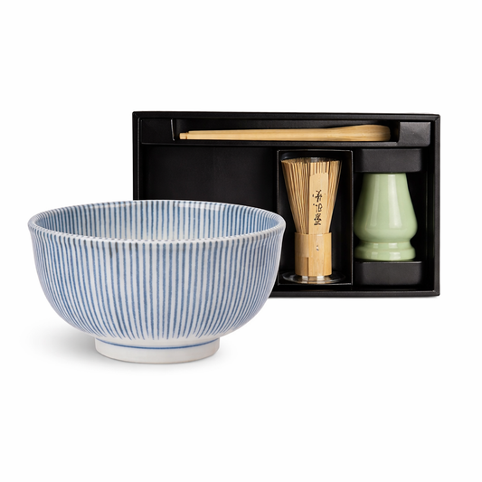 Authentic Japanese matcha bowl tea set with striped ceramic ,bamboo whisk,scoop and green holder in gift box.made in Japan