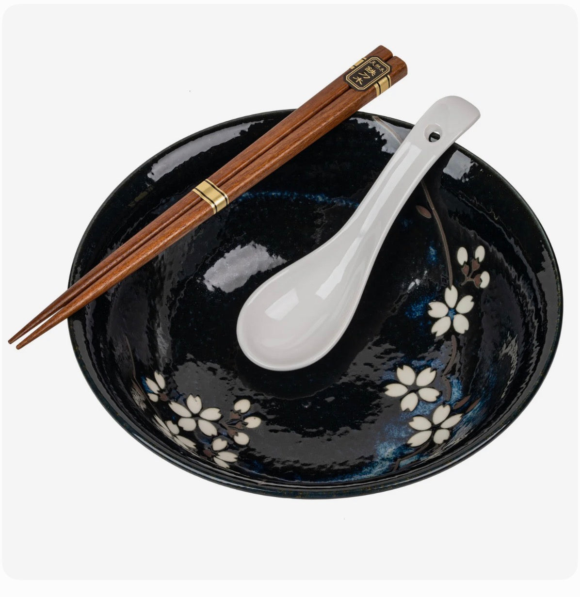 Authentic japanese porcelain ramen bowl set navy glaze with white sakura flowers.made in Japan