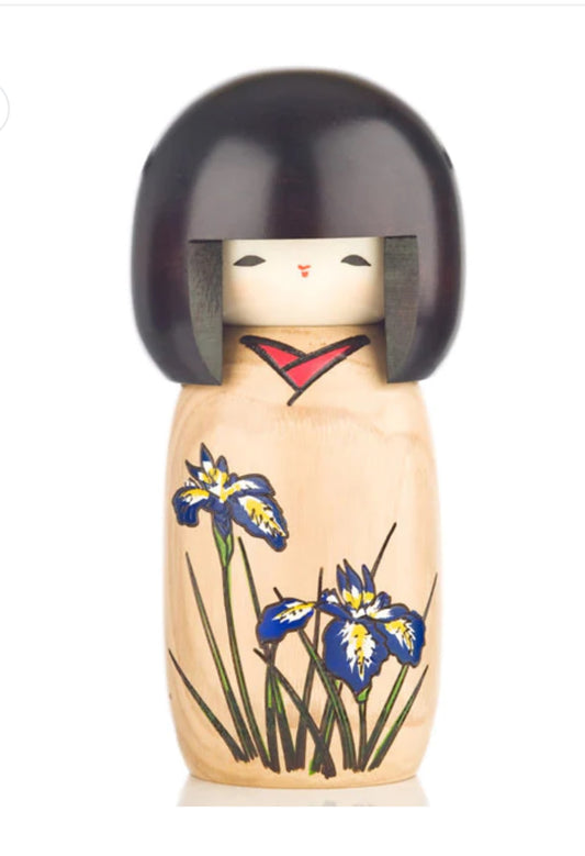 Blue Iris Painted Wood Kokeshi Doll