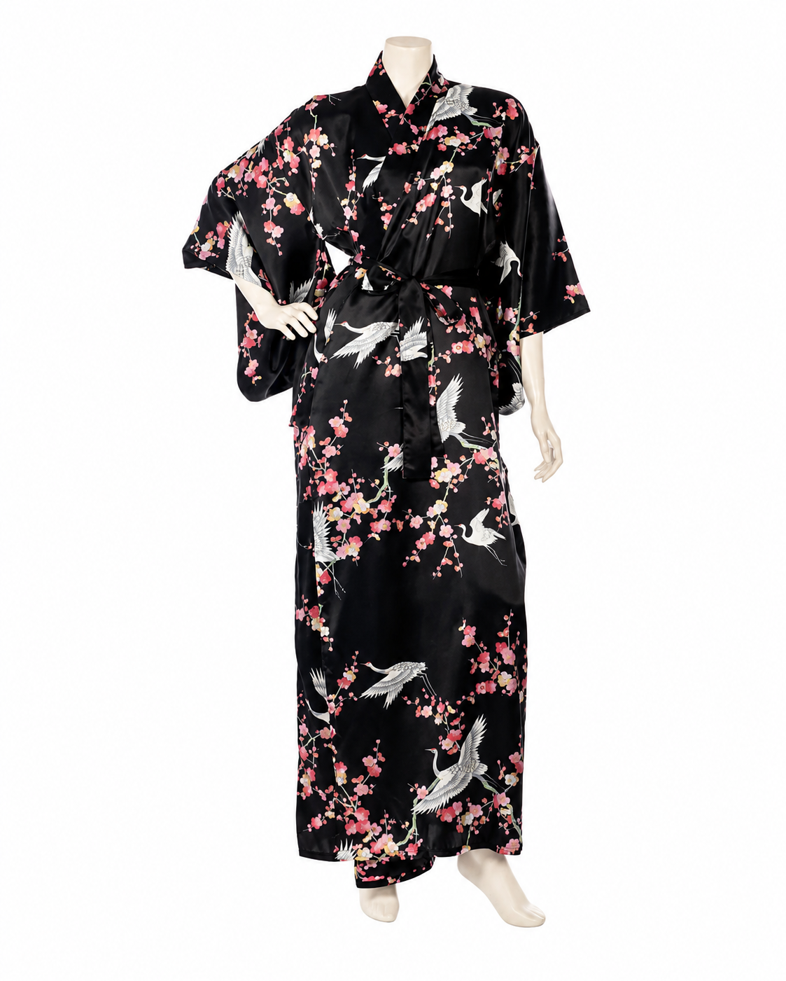 Black Crane and Pink Blossom Long Japanese Silk Kimono | Made in Japan