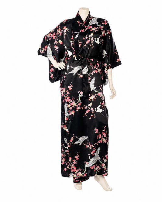 Black Crane and Pink Blossom Long Japanese Silk Kimono | Made in Japan