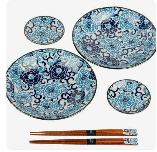 Blue Peony 6pce Japanese Bowl Set