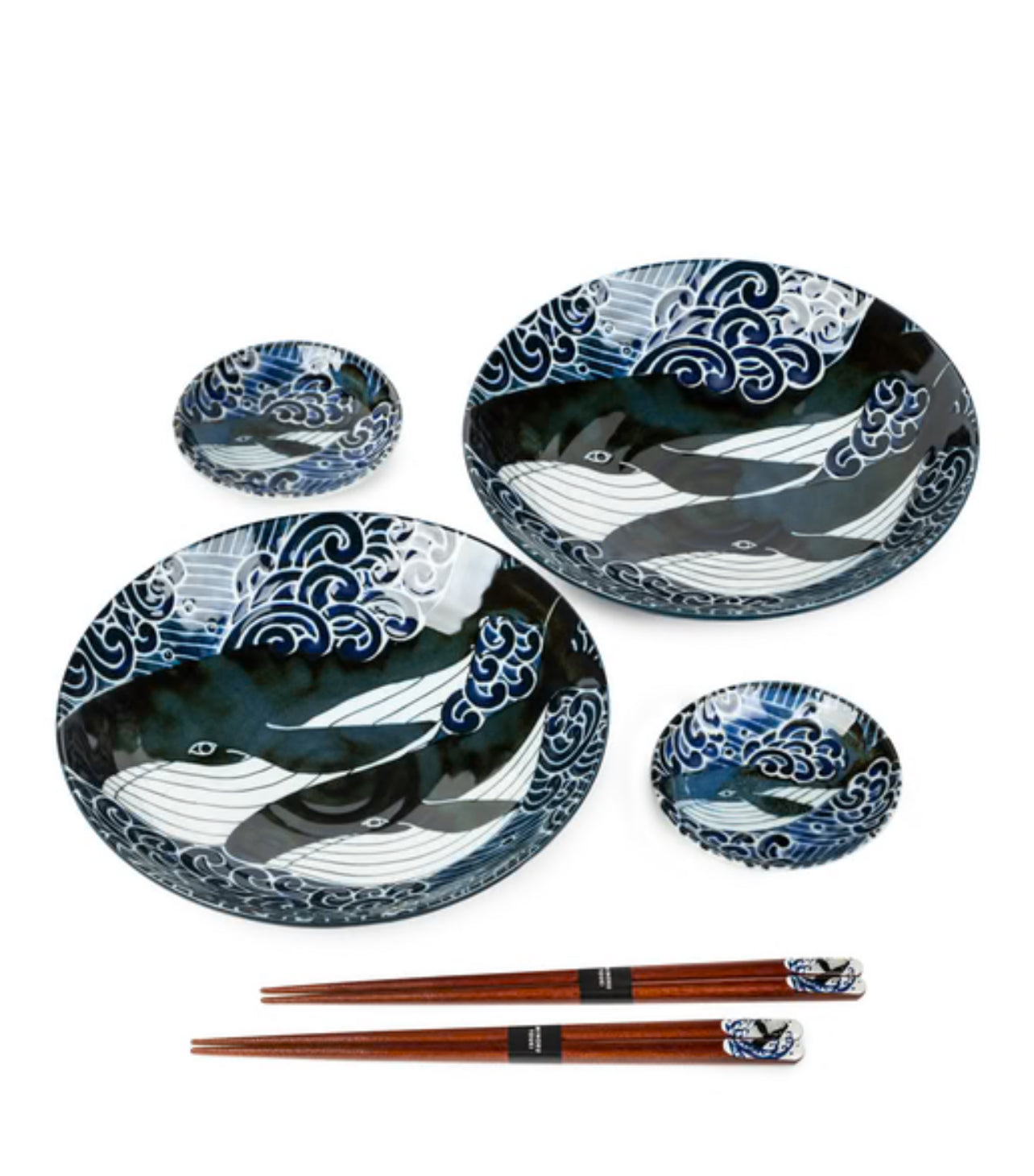 Whale Indigo Blue Ceramic Japanese Bowl Set