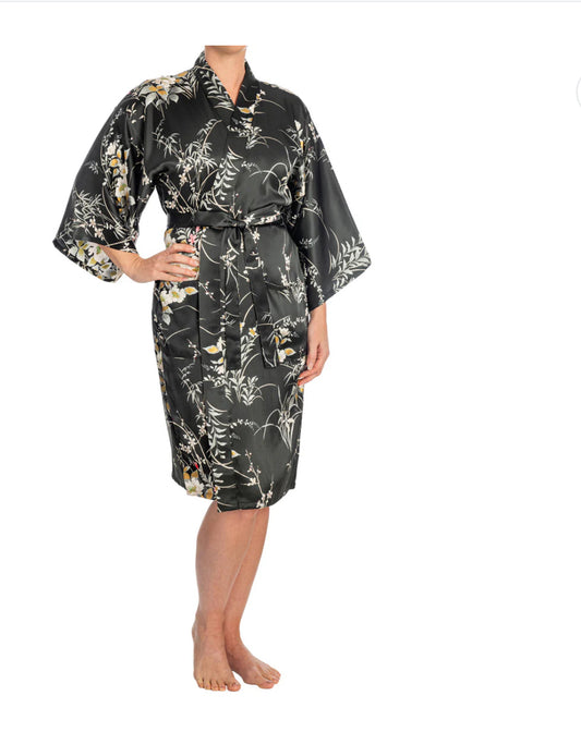 Japanese Silk Kimono Floral Print Short Black