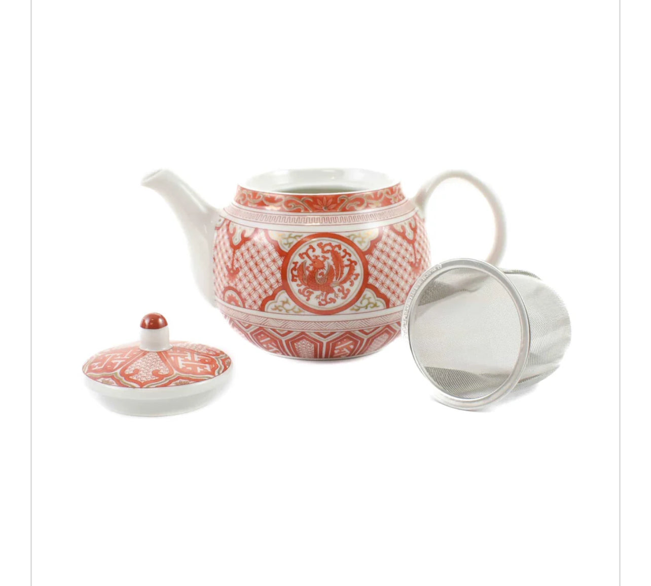 Seikou Porcelain Red Motif Japanese Teapot