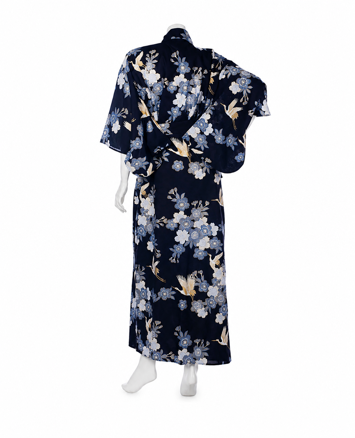 Authentic Japanese navy cotton kimono featuring traditional crane and sakura floral pattern, handmade in Kyoto, Japan.