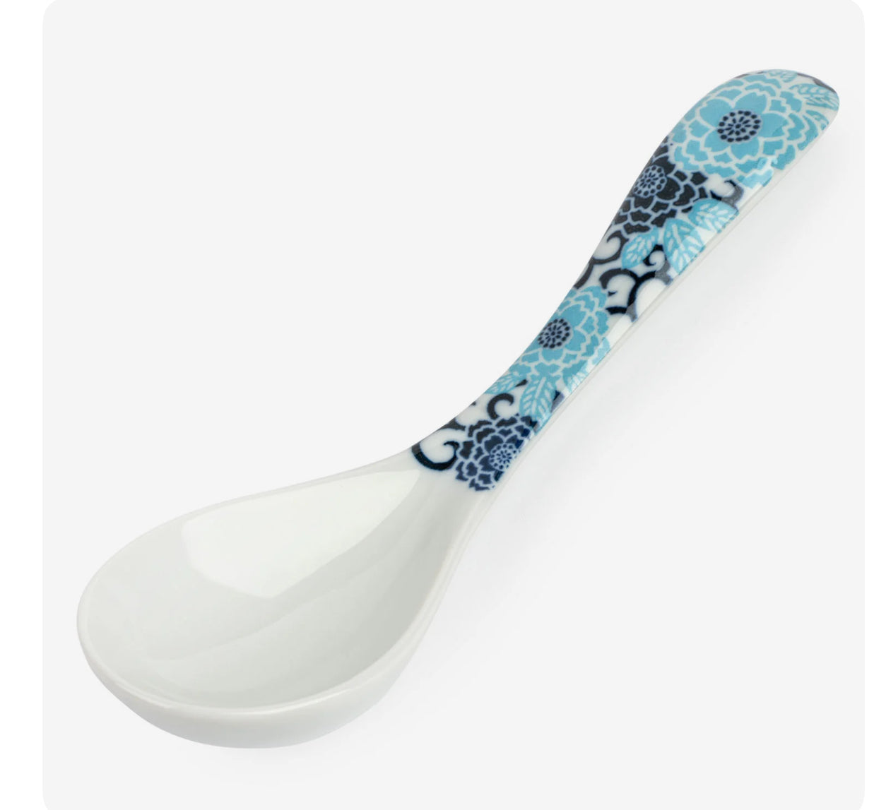Blue Peony Japanese ceramic soup spoon with floral design for ramen noodles and broth made in Japan
