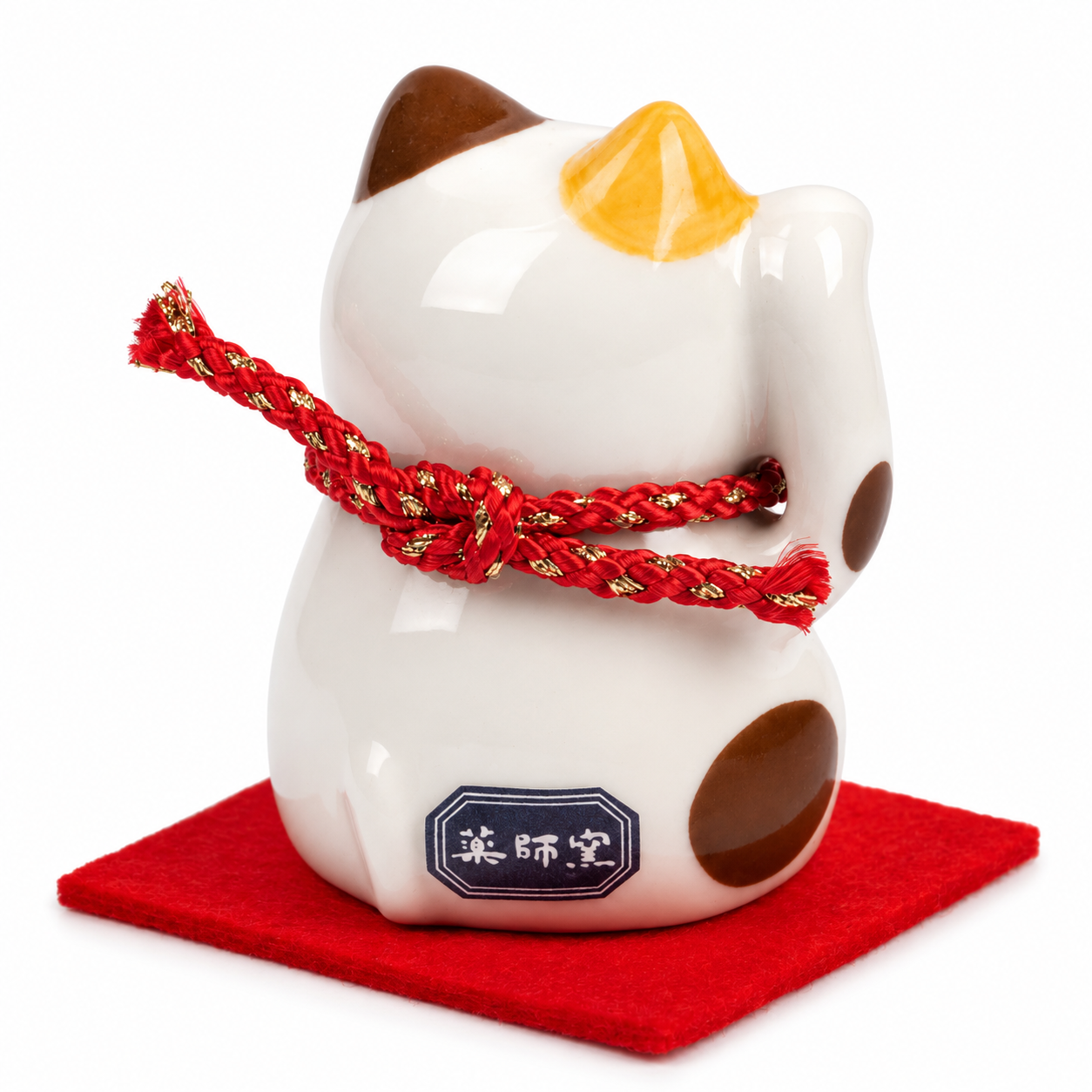 Cute Calico Japanese Lucky Cat on Red Cushion | Made in Japan