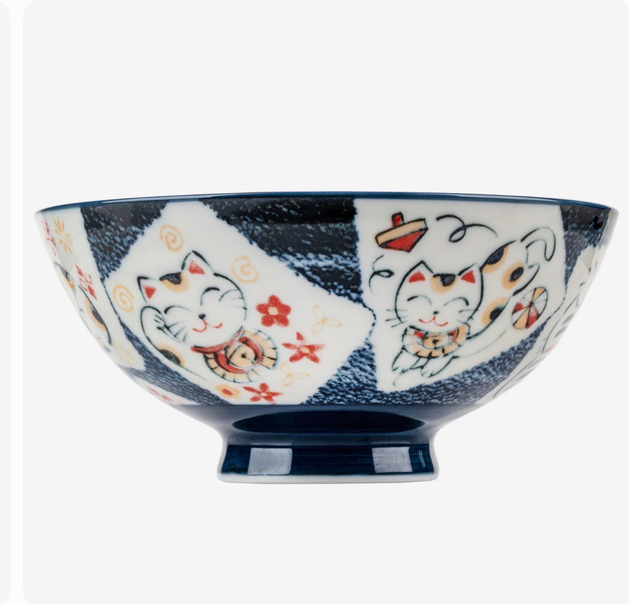 Porcelain bowl with cat design on a white background made in Japan