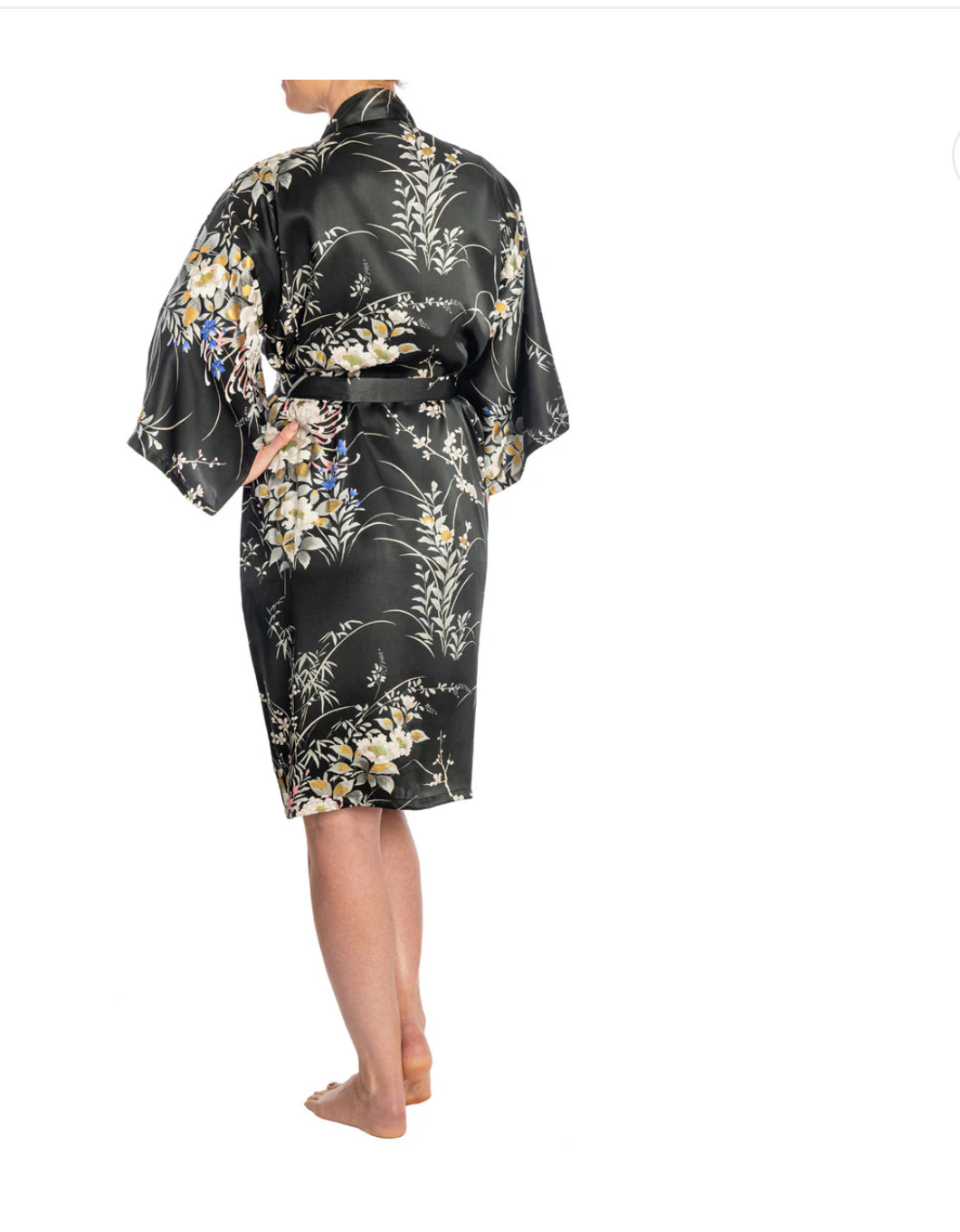 Japanese Silk Kimono Floral Print Short Black