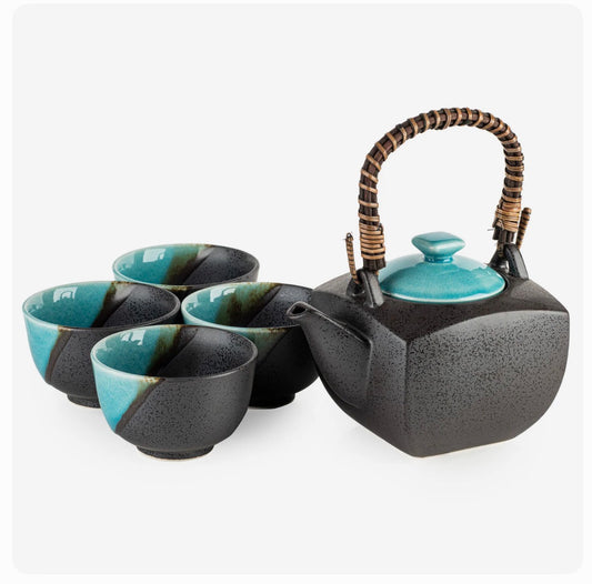 Sora blue and grey Japanese tea pot set with 4 cups ceramic made in Japan Tokyo Gallery UK
