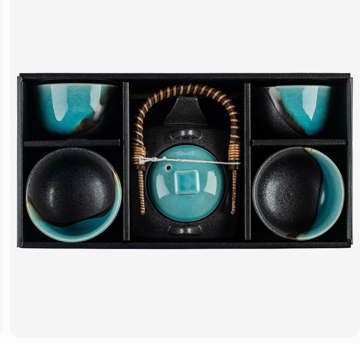 Japanese ceramic tea pot set blue grey with bamboo handle and matching cups UK made in Japan