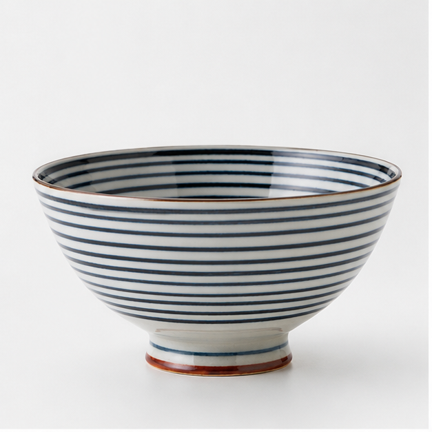 Kozome Blue Stripe Ceramic Japanese Rice Bowl made in Japan, featuring a creamy-grey glaze with traditional blue stripe detailing, perfect for rice, soups, and everyday dining.