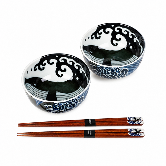 Authentic Whale Indigo Blue Japanese  Bowl set made in Japan with porcelain bowls and matching chopsticks by Tokyo gallery